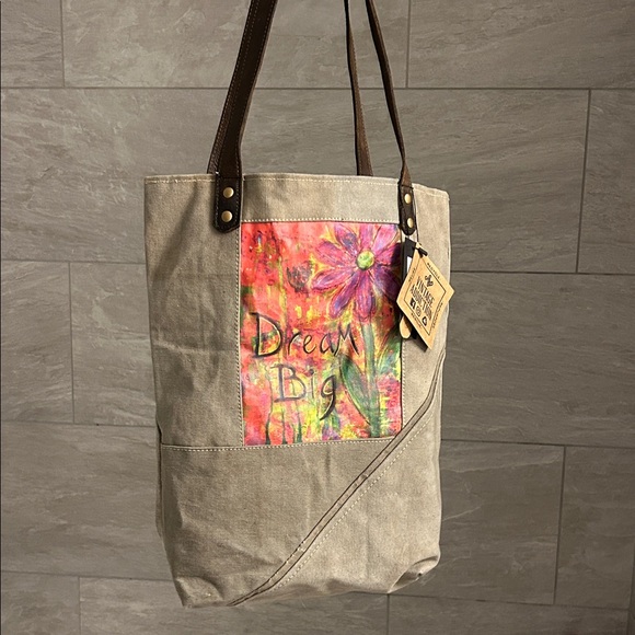 VINTAGE ADDICTION “Dream Big” Canvas Tote Bag - Tan and Brown - Picture 1 of 14
